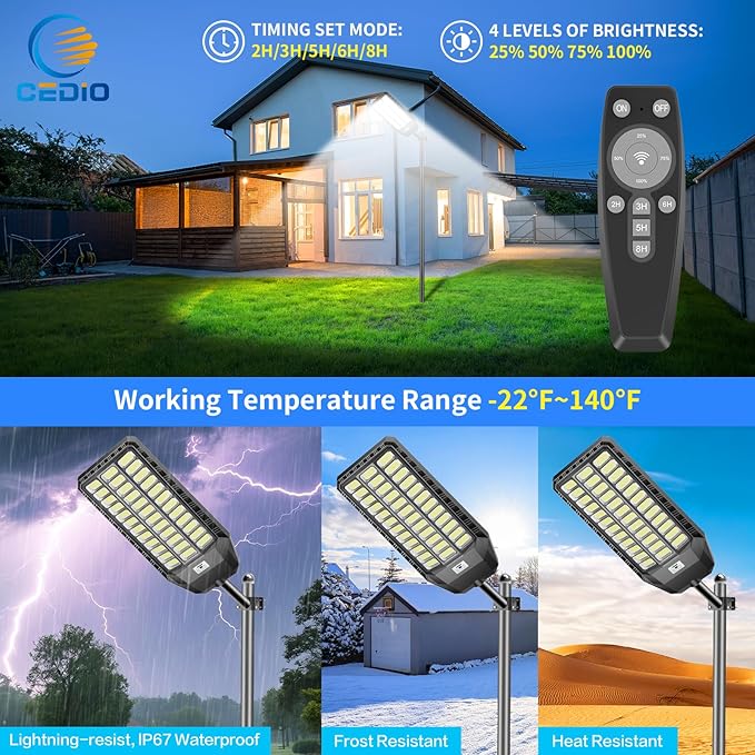 CEDIO Solar Street Light Outdoor, Plus Large Solar Lights IP67 Waterproof, LED Flood Lights Parking Lot Light Outdoor Motion Sensor with Remote Control (9500W-2PACK)