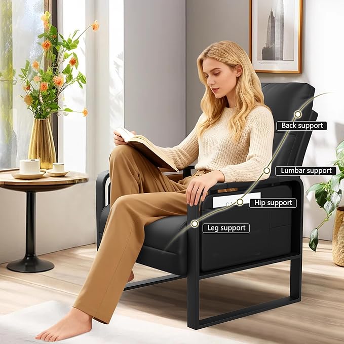 Modern Black Accent Chair PU Leather Upholstered Armchair with Tray Table for Bedroom Living Room Chairs Office Chair