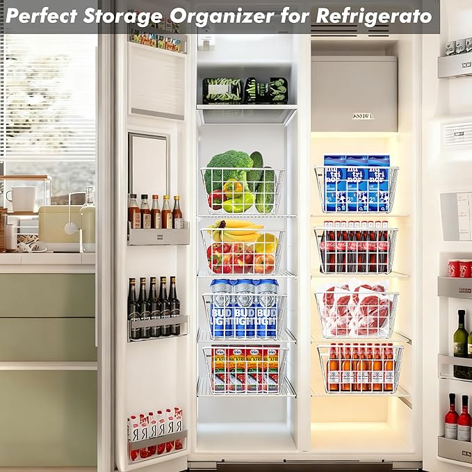 4 Pack White Wire Baskets 11.1"x8.7"x4.7", Wire Freezer Storage Organizer Bins Farmhouse Metal Freezer Basket with Handles for Cabinets, Pantry, Closets, Bedrooms