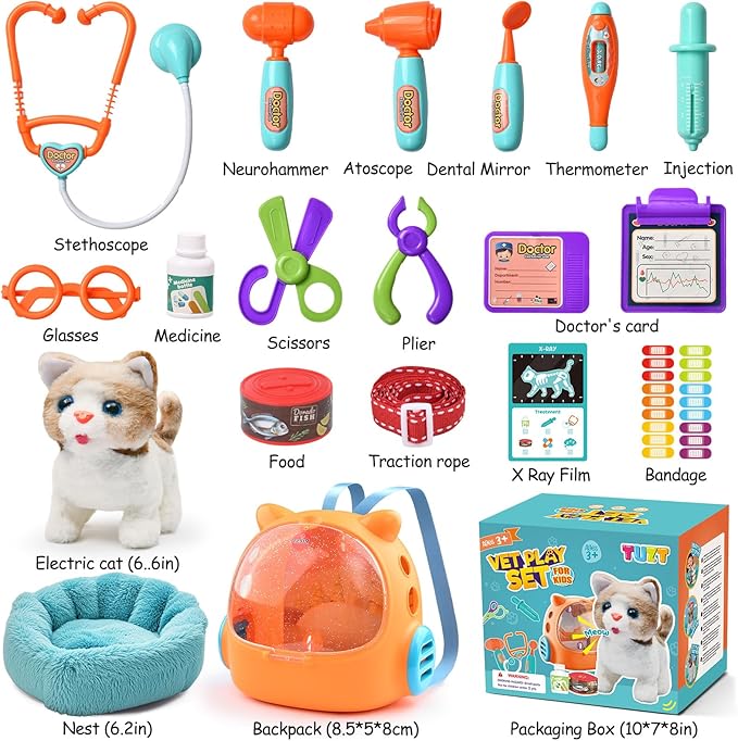 17PCS Interactive Cat Toys for Kids, Toys for 3 4 5 6 7 8 Year Old Girls Kids Boys, Walking & Meowing Cat Toy with Sound, Veterinarian Playset for Toddlers, Idea Birthday Gifts for Little Girls