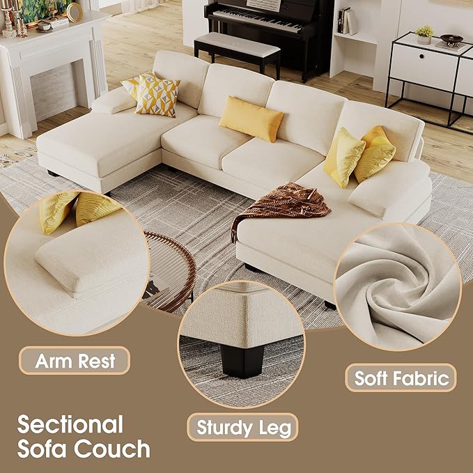 Furmax Sectional Couches for Living Room, U-Shaped Sofa Couch with Linen Fabric, 4 Seat Sofa Set with Double Chaise for Apartment (Fabric, White)
