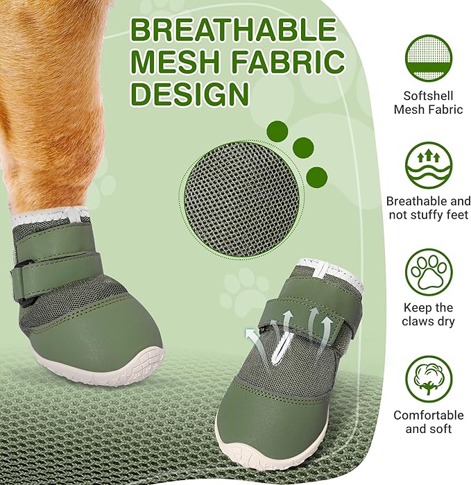 DcOaGt Dog Shoes Mesh Breathable Dog Booties for Hot Pavement Summer with Anti-Slip Sole,Dog Boots Paw Protectors for Small Medium Puppy for Winter Snow Rain Hiking,Military Green 4PCS(Size 3)
