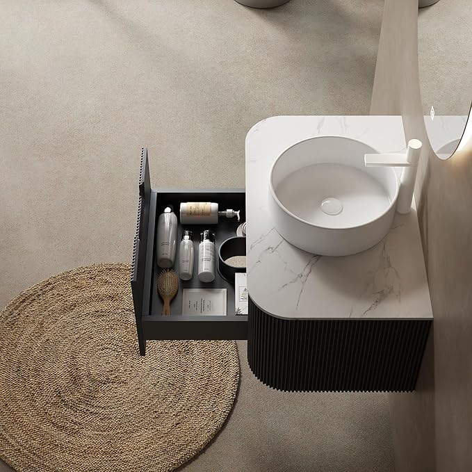 KEIKI 30" Bathroom Vanity Cabinet with Sink Combo, Wall Mounted Curved Edges Striped Floating Bathroom Vanity with Soft-Close Drawer, White Round Ceramic Basin Without Faucet, Black