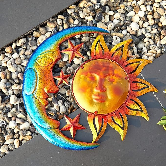 Large 19 Inch Metal Sun Moon Star Wall Art Decor, Bright Color Inspirational Celestial Decor, Resistant to Rust Metal Sculpture Hanging for Indoor Outdoor Home Living Room Office Yard Garden