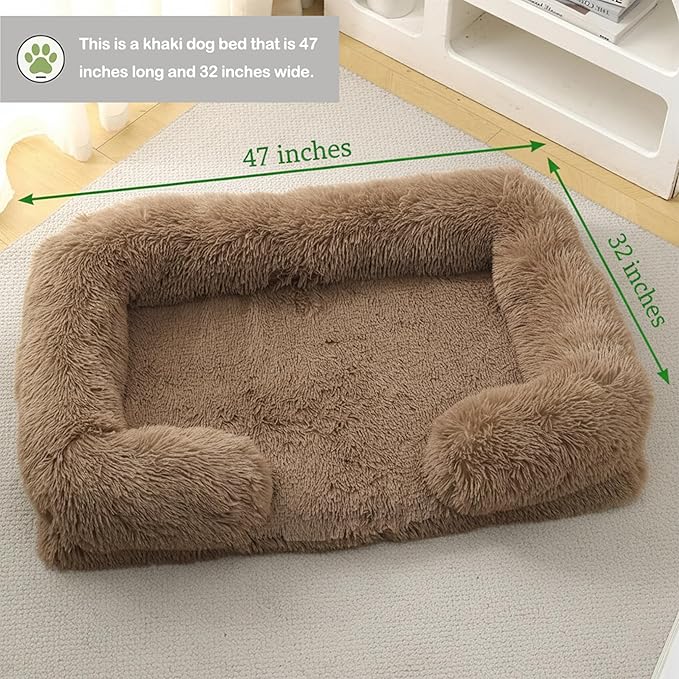 Orthopedic Dog Bed for XXL Dogs - Washable Memory Foam Pet Sofa, Fluffy Plush Rectangular Bed, Waterproof Anti-Anxiety Couch, Khaki, XXL