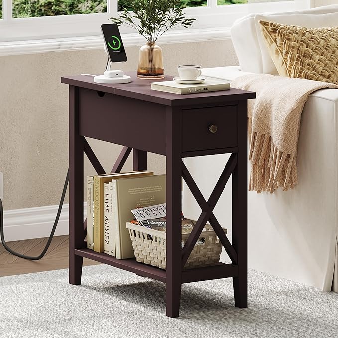 ChooChoo End Table with Charging Station, Narrow Side Table with USB Ports and Outlets, Nightstand with Drawer, for Small Spaces, Bedside Tables for Living Room, Espresso