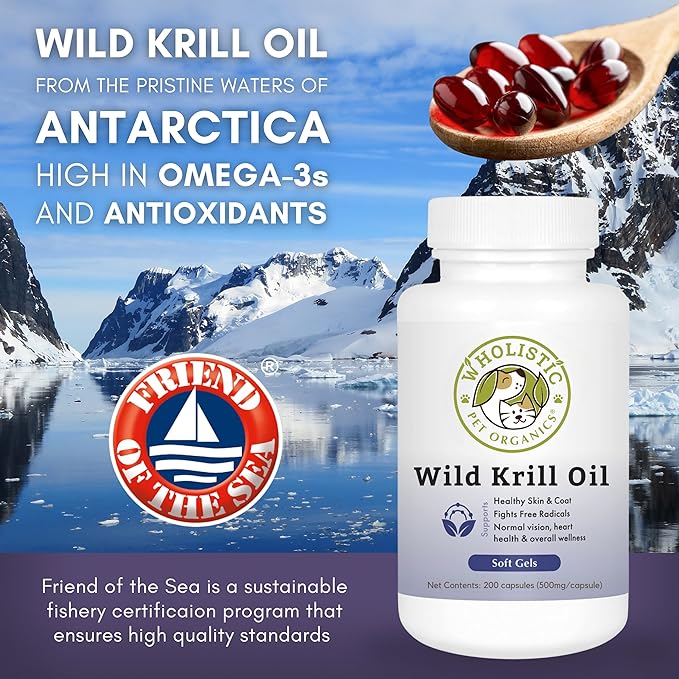 Wholistic Pet Organics Krill Oil for Dogs and Cats - Premium Antioxidant Support for Pets - Cat and Dog Skin and Coat Supplement with EPA, DHA, Astaxanthin - Omega 3 for Dogs and Cats - 200 Soft Gels