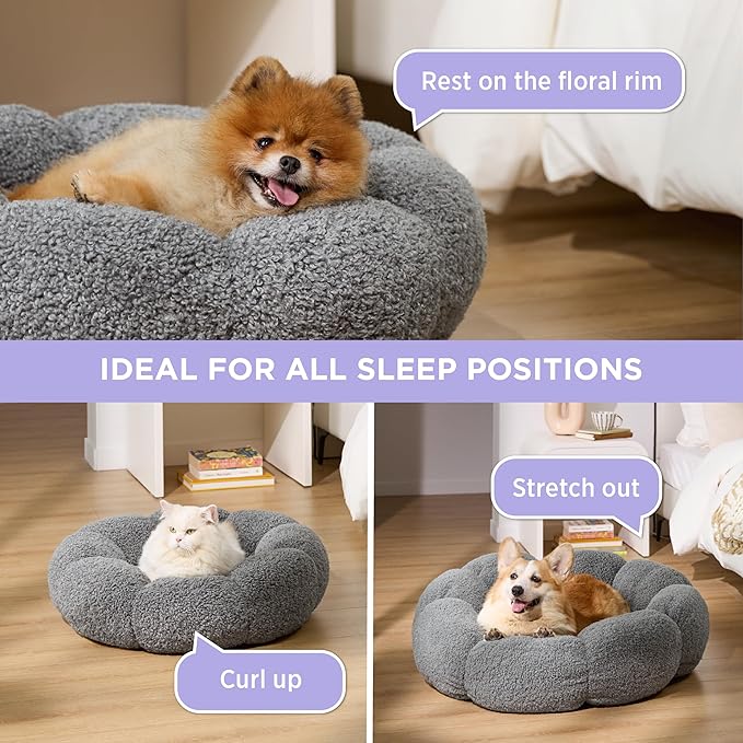 LE SURE Calming Large Dog Bed - Flower Donut Round Fluffy Puppy Bed in Plush Teddy Sherpa, Non-Slip Cute Flower Dog Beds, Large Pet Bed Fits up to 100 lbs, Machine Washable, Grey 36"