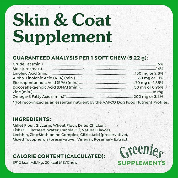 Greenies Supplements Dog Skin and Coat Supplements with Omega 3 Fatty Acids & Fish Oil for Dogs, Chicken Flavor, 14.7 oz, 80 Count
