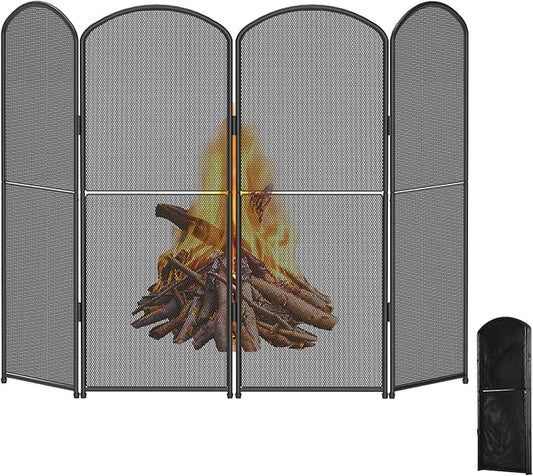 4-Panel Fireplace Screen, 47.8" W x 31" H Foldable Wrought Iron Fire Spark Guard, Decorative Metal Mesh Fireplace Cover for Living Room, Fire Cover for Baby,Pet Proof Safety Gate Black