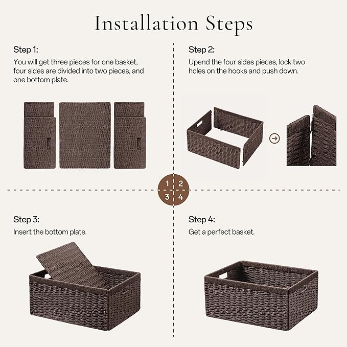 joybest Wicker Storage Baskets, Set of 2 Hand-Woven Paper Rope Dark Brown Baskets for Organizing, Foldable Rectangular Storage Organizer Bins for Shelves with Handles 13.4L x 8.3W x 7.1H