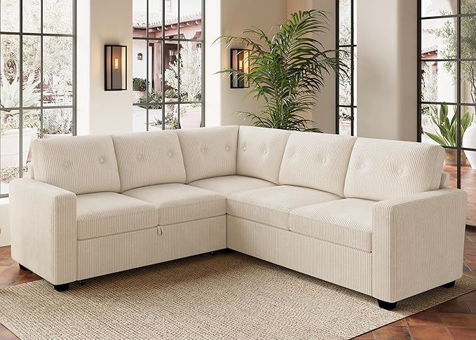 HONBAY 83.4 Inch U-Shaped Sectional Sleeper Sofa with Pull-Out Bed, 5-Seater Sectional Sofa for Living Room, Pet-Resistant Corduroy Couch, Beige