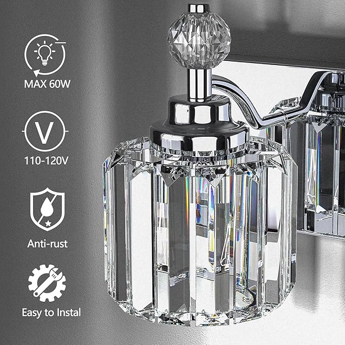 3-Light Bathroom Vanity Light - Crystal Bathroom Lighting Fixtures Over Mirror with 60w(Max) E12 Base, 42pcs Crystal Sheet, Chrome Vanity Lights for Bath Room