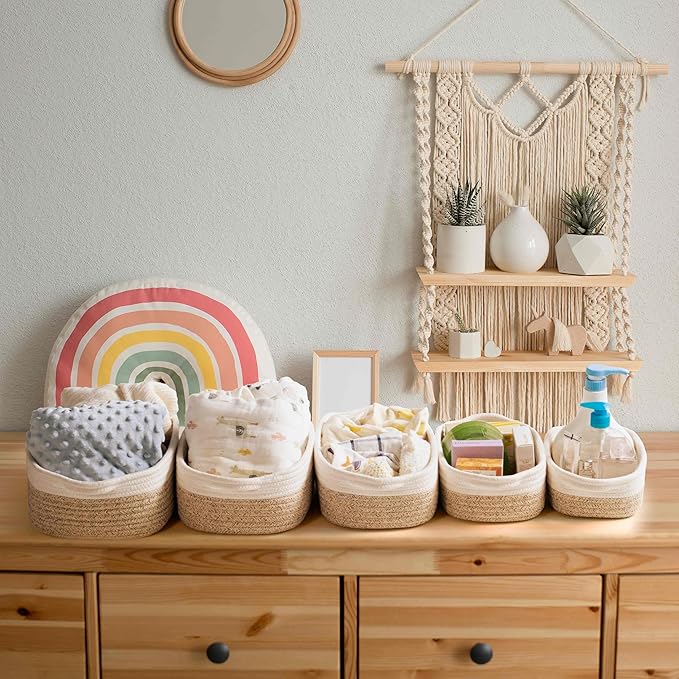 Storage Basket Set – 5-Piece Baskets for Organizing Home, Shelves, Nursery, Bathroom, Dog Toys, Small to Large Decorative Baskets – White and Mixed Brown