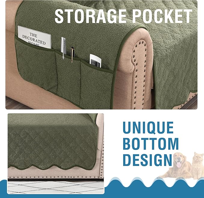 H.VERSAILTEX Waterproof Quilted Couch Covers Non Slip Sofa Covers Protector Slipcovers for Dogs, Single Sofa Armchair for Pet Furniture Protector Modern Fleece Fabric (Chair,Tea Tree)