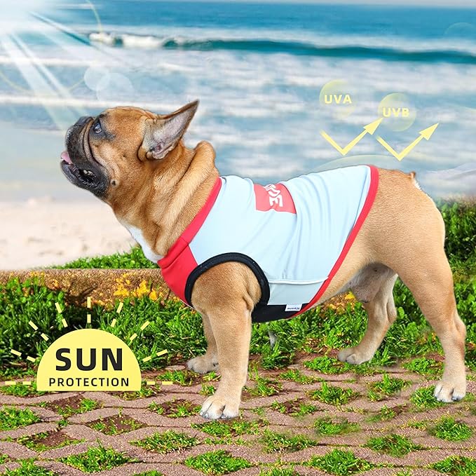 iChoue French Bulldog Summer Cooling Shirt for Dogs UV Sun Protection Vest Sleeveless Stretchy Tank Top English Pug Grey Red - XLarge