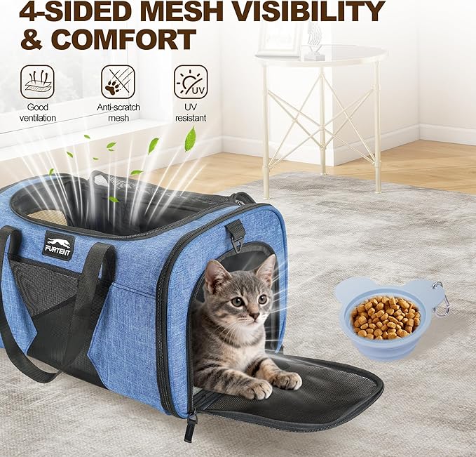 Cat Carrier with Wheels TSA Approved up to 13lbs, Rolling Airline Pet Carriers Under Seat 16.5 * 11 * 10.2in, Soft-Sided Bag for Small Cats and Dogs with Locking Safety Zippers and Pet Bowl, Blue