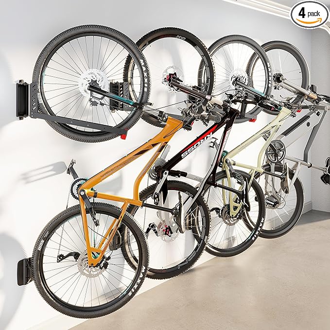monTEK Swivel Bike Wall Mount, No Heavy Lifting Required Bike Wall Mount, Bike Hangers for Garage, Space-Saving Bike Rack Garage, Easy to Load and Unload, Bike Hanger Can Hold Up to 77 lbs, 4 Pack