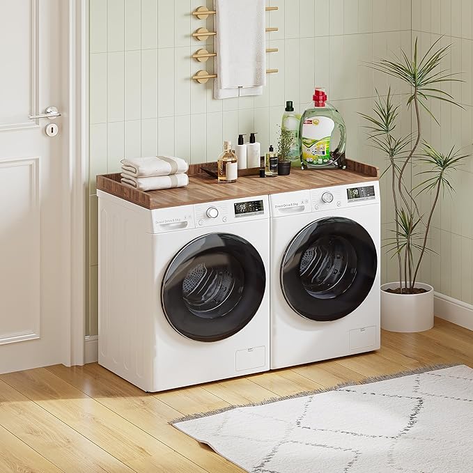 Washer Dryer Countertop,27.5" x 54" Wood Topper for Laundry Room Organization，Laundry Countertop Over Washer and Dryer,with Edge Rails,Non-Slip Mat,Easy to Assemble