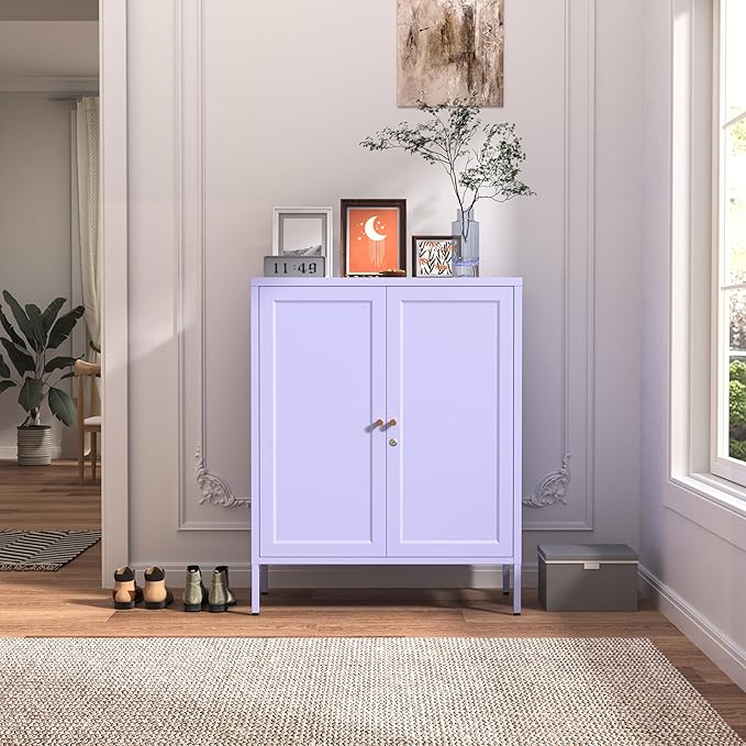 2-Door Lockable Metal Storage Cabinet, Square Stamped Steel Door with 2 Adjustable Shelves, Multifunctional Organizer for Home Office School, Purple 36" H X 31.5" W X 13.8" D