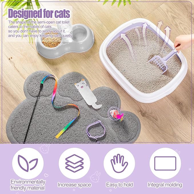 7 Pcs Small Cat Kitten Starter Kit Cat Litter Box with Shovel Paw Litter Mat Double Automatic Kitten Bowls Toy Teaser Stick Collar Essentials Kits for 1-3 Lbs Beginner(Stylish,Purple)