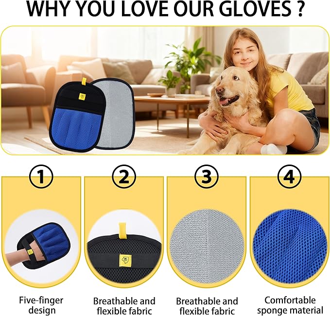 Pet Hair Removal Glove (Blue,1 Pc) – Reusable 5-Finger Electrostatic Fur Remover for Cats & Dogs – Washable Sticky Fur Gloves for Furniture, Carpets & Clothes – Pet Hair Remover