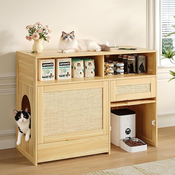 Cat Litter Box Furniture 42'' Hidden Enclosure with Litter Drawer, Litterbox Cabinet with Storage, Boho Rattan Style Indoor Cat House Washroom, Fits Most of Litter Boxes