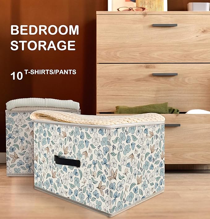 Nogrit Watercolor Floral Storage Bins Box, Toybox for Girls, Blue and White Flower Foldable Baskets Organizer Container with Handles for Girls Bedroom Dorm Bathroom Clothes Toys Books