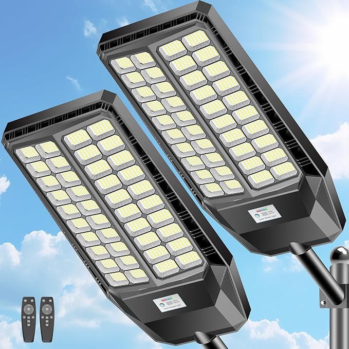 CEDIO Solar Street Lights, Outdoor Solar Lights IP66 Waterproof Street Light Dusk to Dawn, LED Flood Light with Motion Sensor for Yard (9800W-2PACK)