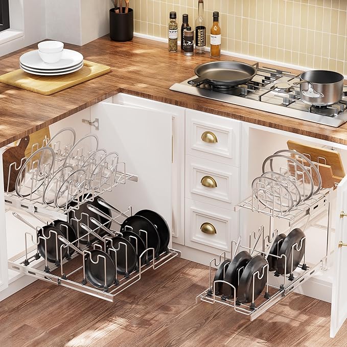 2-Tier Kitchen Pull out Cabinet Organizer for Pots, Pans, and Lid Cookware, Adjustable Heavy Duty Wire Pan and Pot Rack, Full-Extension Rail 15" W *22" D