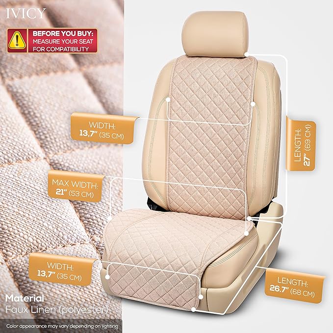 IVICY Faux Linen Car Seat Cover for Cars - Durable & Non-Slip - Front Car Seat Protector Covers for Most Automotive, Vans, SUVs, Trucks - 1 Unit - Light Beige