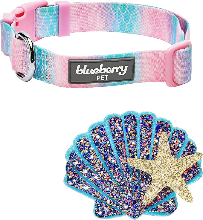 Blueberry Pet Summer Sparkle Dog Collar, Adjustable Small Size, Neck 12"-16", Pink and Blue, Ocean Mermaid Scales Print Nautical Pet Collar with Detachable Seashells Accessory