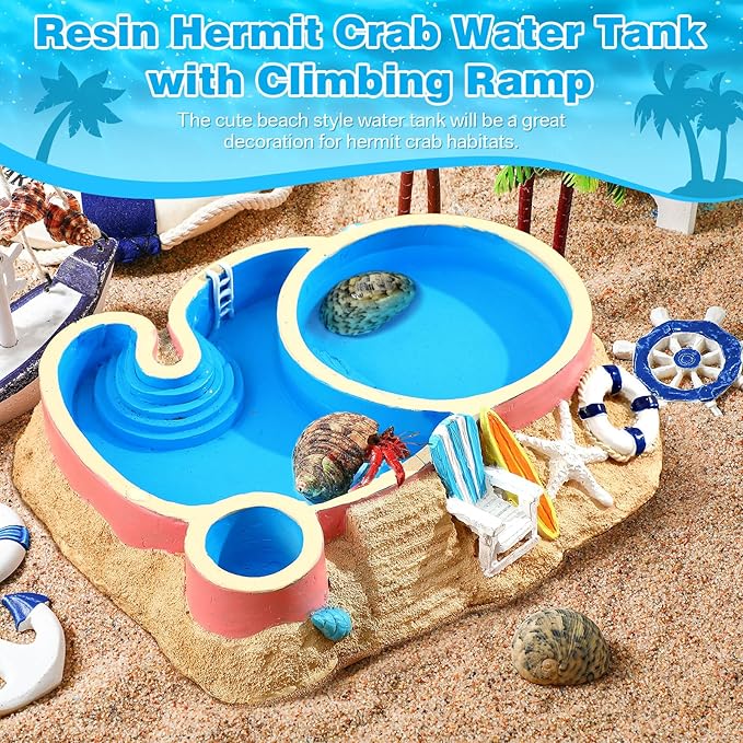 Gerrii Hermit Crab Water Bowl with Climbing Ramp, 2 Compartments Resin Hermit Crab Water Bathing Pool Accessories Food Dish Seashell Reptile Climbing Habitat Platform for Lizard Frog Gecko
