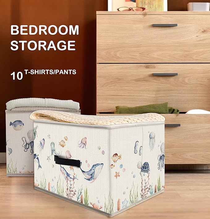 Nogrit Watercolor Ocean Animal Storage Bins Box, Toybox for Boys Girls, Coastal Beach Sea Life Foldable Baskets Organizer Container with Handles for Kids Bedroom Bathroom Clothes Toys Books