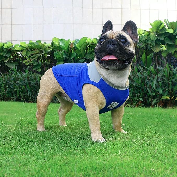 iChoue French Bulldog Summer Cooling Shirt for Dogs UV Sun Protection Vest Sleeveless Stretchy Tank Top English Pug Grey Blue - XXLarge