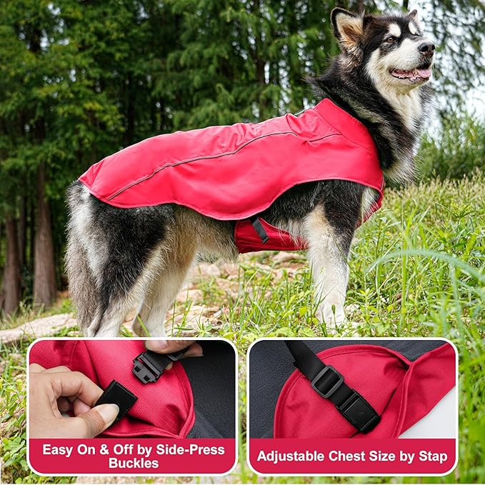 Outdoor Waterproof Dog Jacket for Large Dogs,Doggie Coats with Harness Buitl in D-Ring Warm Fleece Dog Clothes for Cold Winter,Red 3XL