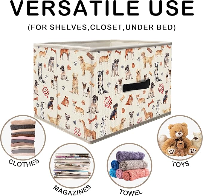 Nogrit Various Dog Storage Bins Box, Toybox for Boys Girls, Cute Types of Dogs Foldable Baskets Organizer Container with Handles for Bedroom Bathroom Kids Room Dorm Nursery Clothes Toys Books