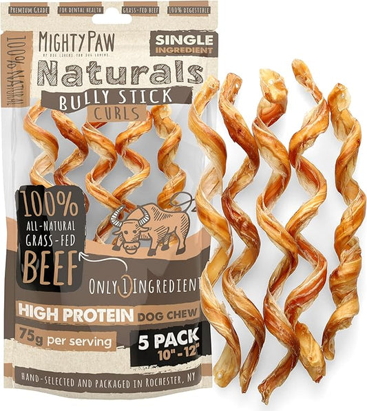 Mighty Paw Naturals Curly Bully Sticks for Dogs - Grass Fed Beef Dog Chews. Bully Sticks for Large Pets, Medium, Small Breeds. Lower Odor Treats for Small Pets. Single Ingredient 12”, 5 Pack