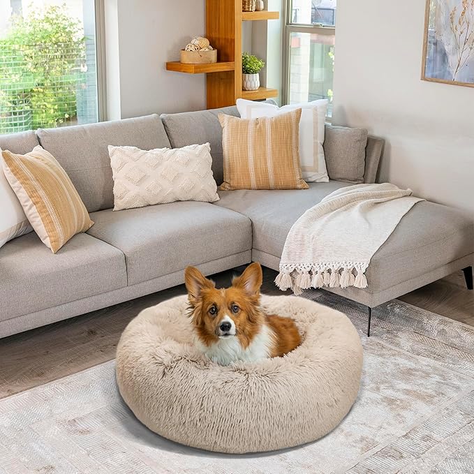 Best Friends by Sheri The Original Calming Donut Dog Bed – Washable Plush Pet Bed for Medium Breeds up to 45 lbs, Shag Faux Fur, Taupe, Medium (30" x 30")