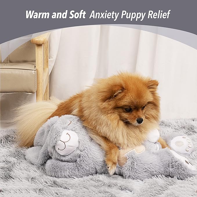 PetPrime Dog Heart Beat Puppy Plush Rabbit Toy - with Warmer Bag Pet Soft Anxiety Puppy Relief Toy Heartbeat Stuffed Animal Sleeping Buddy Anxiety Dog Toy (Grey Rabbit)