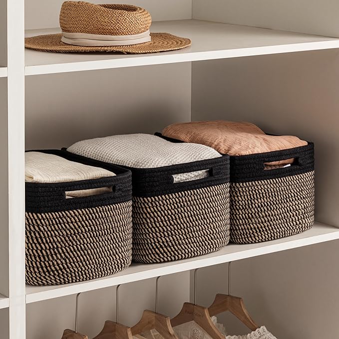 UBBCARE 4 Pack Storage Baskets for Organizing, Shelf Baskets with Handles, Woven Storage Baskets for Bookcase/Cube Shelf/Closet, 14.5"L x 9.8"W x 9"H, Black&Brown