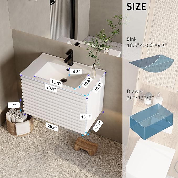 eclife 30" Floating Bathroom Vanity with Sink Combo Mid-Century Wall Mounted Cabinet with Wood Stripes Decor, Drawers, Undermount Sink, Faucet, Drain, Mixed White