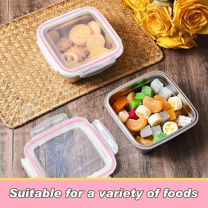 4 Pack Stainless Steel Sandwich Containers with Lids 25.4 oz Metal Food Container for Lunch Boxes with Airtight Silicone Seal for Sandwiches and Snacks(Pink)