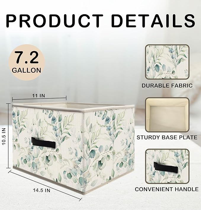 Nogrit Watercolor Botanical Storage Bins Box, Toybox for Girls Boys, Green Leafy Plant Foldable Baskets Organizer Container with Handles for Bedroom Bathroom Kids Room Dorm Clothes Toys Books