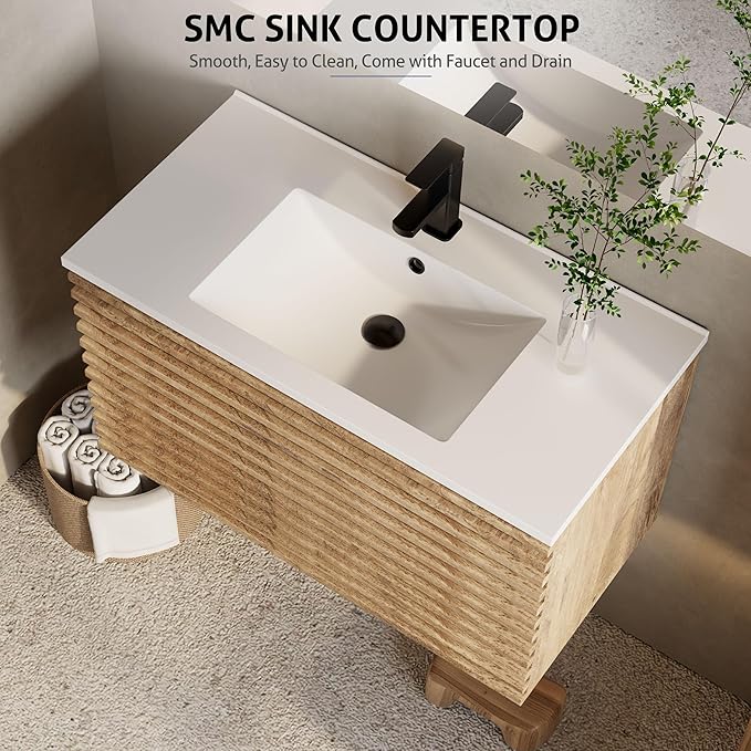 eclife 36" Floating Bathroom Vanity with Sink Combo Mid-Century Wall Mounted Cabinet with Wood Stripes Decor, Drawers, Undermount Sink, Faucet, Drain, Light Walnut