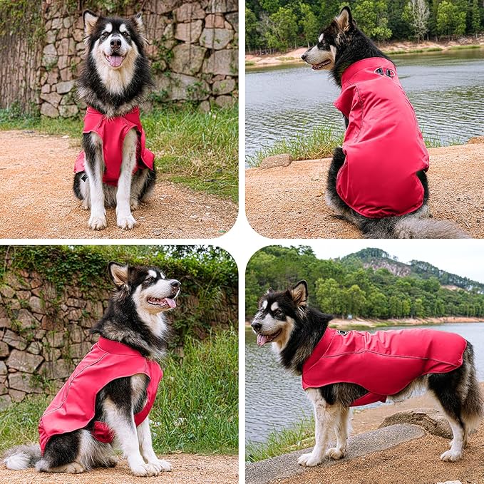 Outdoor Waterproof Dog Jacket for Large Dogs,Doggie Coats with Harness Buitl in D-Ring Warm Fleece Dog Clothes for Cold Winter,Red 3XL