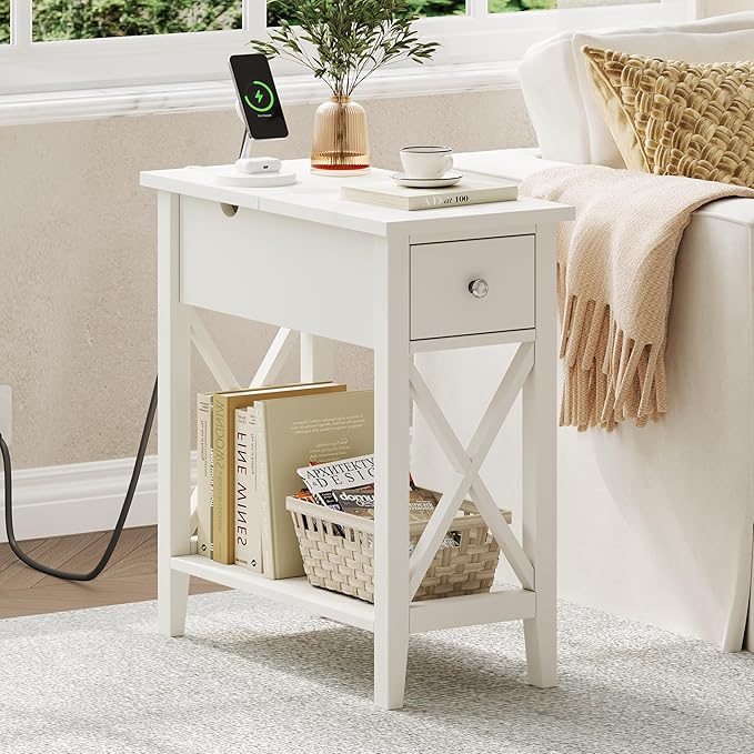 ChooChoo End Table with Charging Station, Narrow Side Table with USB Ports and Outlets, Nightstand with Drawer, for Small Spaces, Bedside Tables for Living Room, White