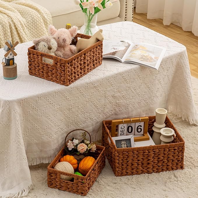 Set of 3 Wicker Storage Baskets, Decorative Baskets With Built-in Handles, Multipurpose Nesting Countertop Baskets for Shelves, Kitchen Organizers, Pantry, Bathroom, Toilet, Closet (Natural)