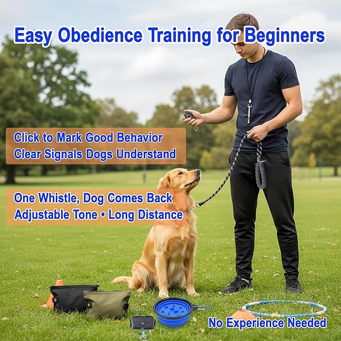 Dog Training Starter Kit for Beginners, 5-Piece Puppy Training Set with Reflective Leash, Clicker, Adjustable Whistle, Collapsible Slow Feeder Bowl and Poop Bag Holder, New Dog Owner Essentials