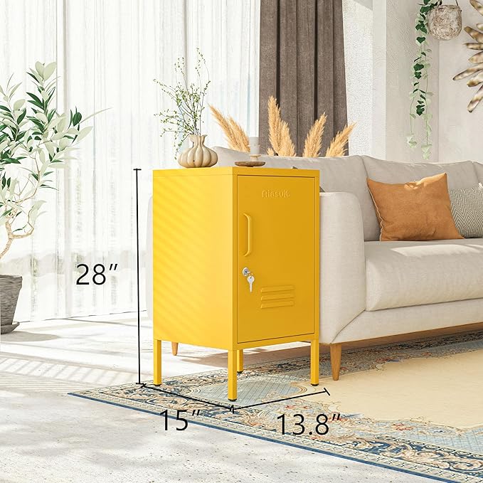 Single Door Lockable Metal End Table, 2-Tier Storage Cabinet with Adjustable Shelf, Easy Assembly Side Table for Living Room Bedroom Home Office, Yellow 28" H x 13.8" W x 15" D